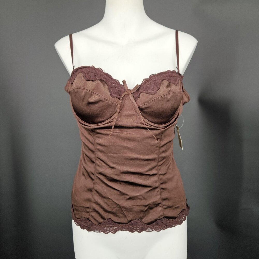 Satin Corset Top Womens L Brown Lace Ruched Bustier Cami Lingerie Coquette Y2K - Picture 9 of 11